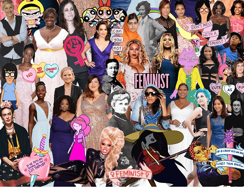 A collage of women and feminist logos and phrases